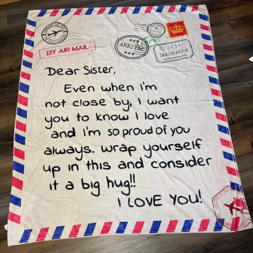 Dear Sister Airmail Letter Fleece Throw Blanket White Red Blue 50x60 Gift Throw